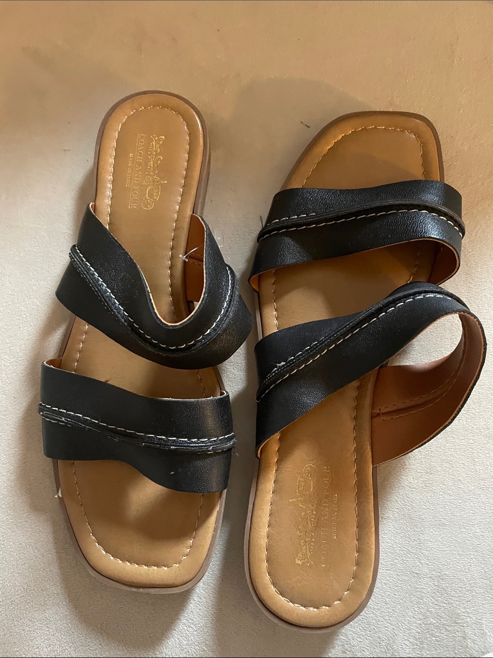 Coach Black Leather Double-Strap Slide Sandals